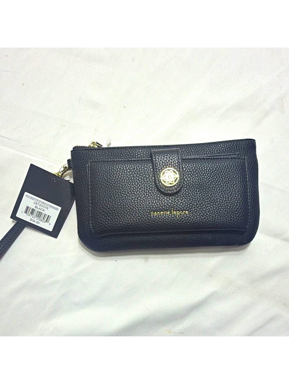 Nanette Lepore Black Wristlet Wallet Logo Snap Tab Zip w/ Strap Card Slots ID